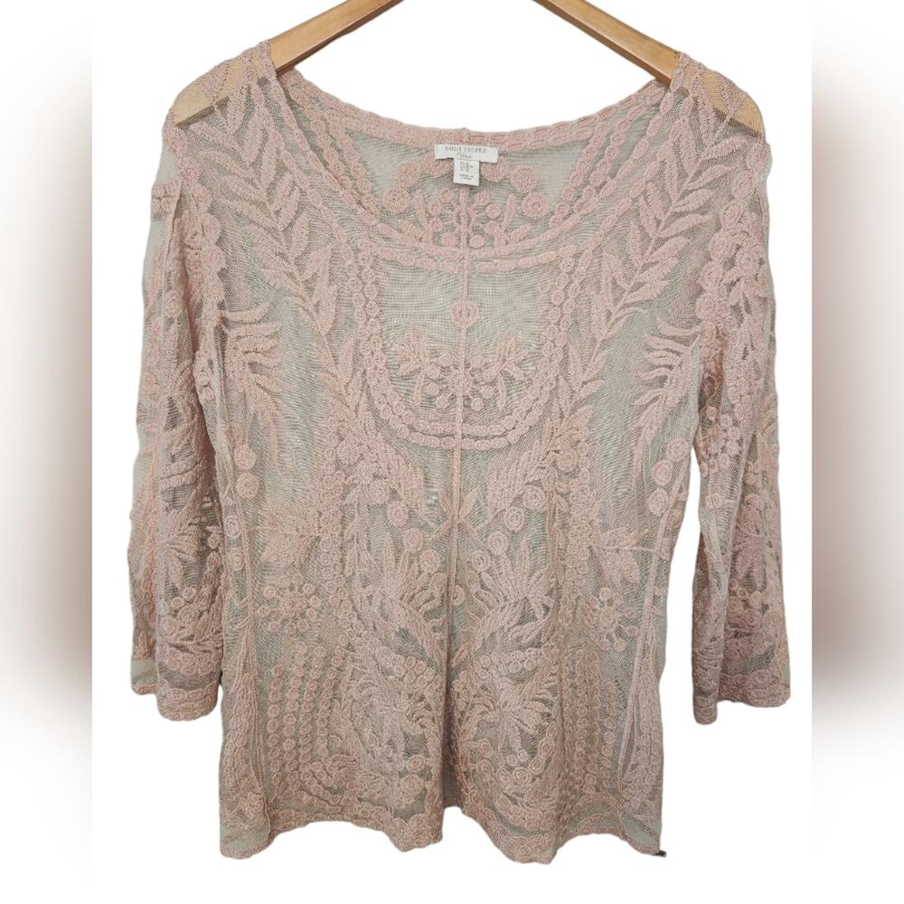 St. Tropez West Embroidered Mesh Sheer top Medium
